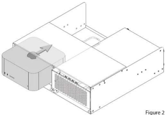 Isometric technical diagram of a device housing with internal components and a directional arrow indicating motion (no text or symbols)