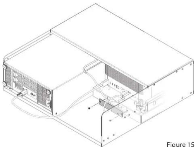 Technical line drawing of an internal server rack with visible ports and wiring (no text or labels)