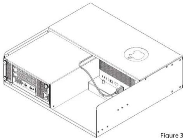 Technical line drawing of a server rack unit with ventilation duct and mounting bracket (no text or symbols)