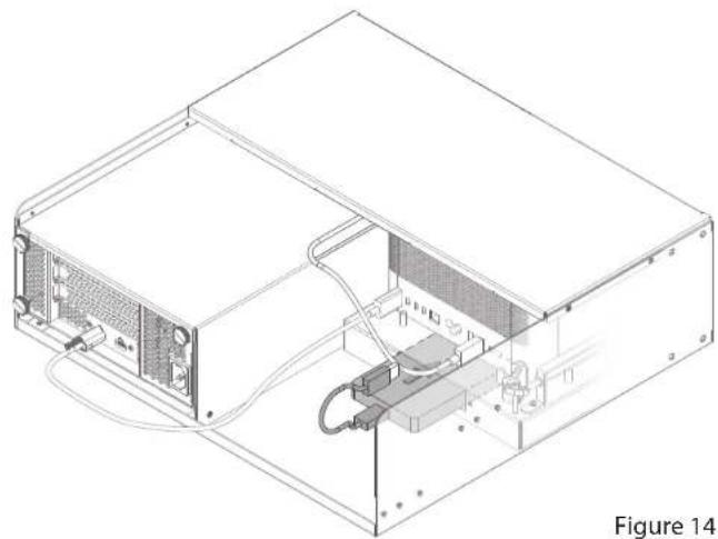 Technical line drawing of an internal electronic device with ports and wiring, labeled Figure 14 (no text or symbols on the diagram itself)