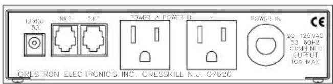 12VDC 5A NET NET POWER A POWER B POWER IN 90-125VAC 50 60HZ COMUNIC OUTPUT 10A MAX CRESTRON ELECTRONICS INC. CRESSKILL N.C. 07626
