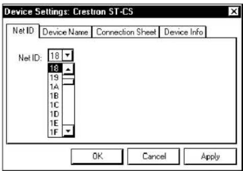 Device Settings: Crestron ST-CS Net ID Device Name Connection Sheet Device Info 18 18 19 1A 1B 1C 1D 1E 1F OK Cancel Apply
