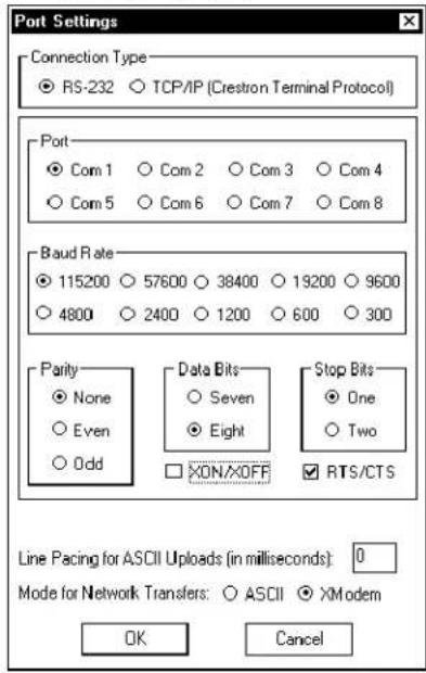 Port Settings Connection Type RS-232 ○ TCP/IP (Crestron Terminal Protocol) Port Com 1 ○ Com 2 ○ Com 3 ○ Com 4 Com 5 ○ Com 6 ○ Com 7 ○ Com 8 Baud Rate 115200 ○ 57600 ○ 38400 ○ 19200 ○ 9600 4800 ○ 2400 ○ 1200 ○ 600 ○ 300 Parity None Even Odd Data Bits Seven Eight Stop Bits One Two XON/OFF RTS/CTS Line Pacing for ASCII Uploads (in milliseconds): 0 Mode for Network Transfers: ASCII ×Modem OK Cancel