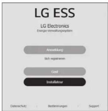 LG ESS LG Electronics Energie-Verwaltungssystem Anwendung Sich regatieren Gast Installateur Datenerechniz Bedimmungen Support