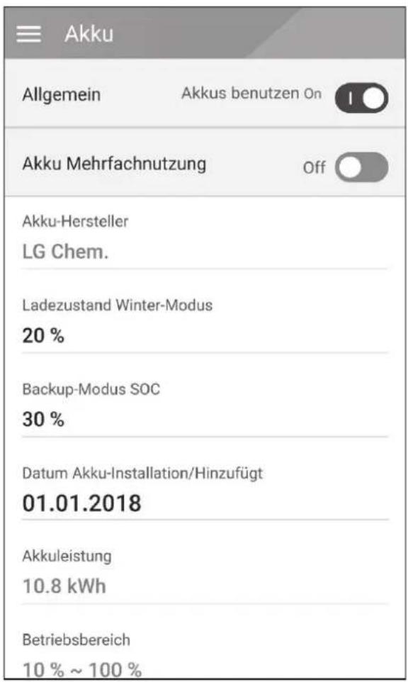 Akku Allgemein Akkus benutzen On Akku Mehrfachnutzung Off Akku-Hersteller LG Chem. Ladezustand Winter-Modus 20 % Backup-Modus SOC 30 % Datum Akku-Installation/Hinzufügt 01.01.2018 Akkuleistung 10.8 kWh Betriebsbereich 10 % ~ 100 %