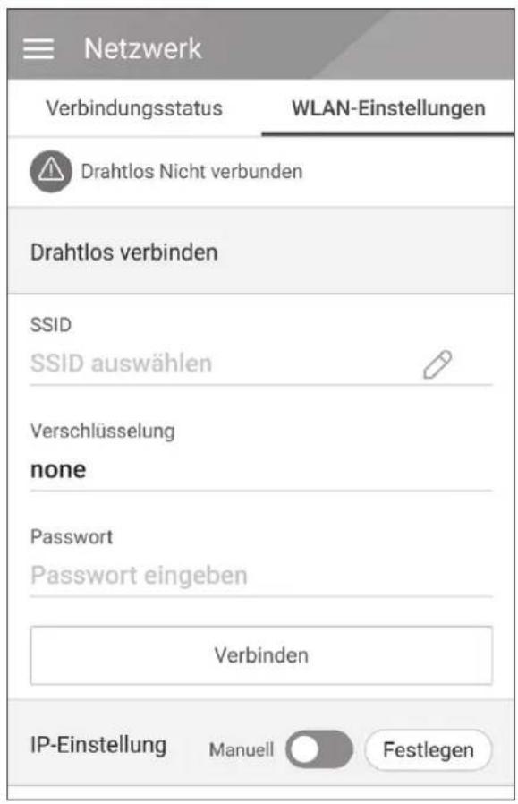 Netzwerk Verbindungsstatus WLAN-Einstellungen Drahtlos Nicht verbunden Drahtlos verbinden SSID SSID auswählen Verschlüsselung none Password Password eingeben Verbinden IP-Einstellung Manuell Festlegen