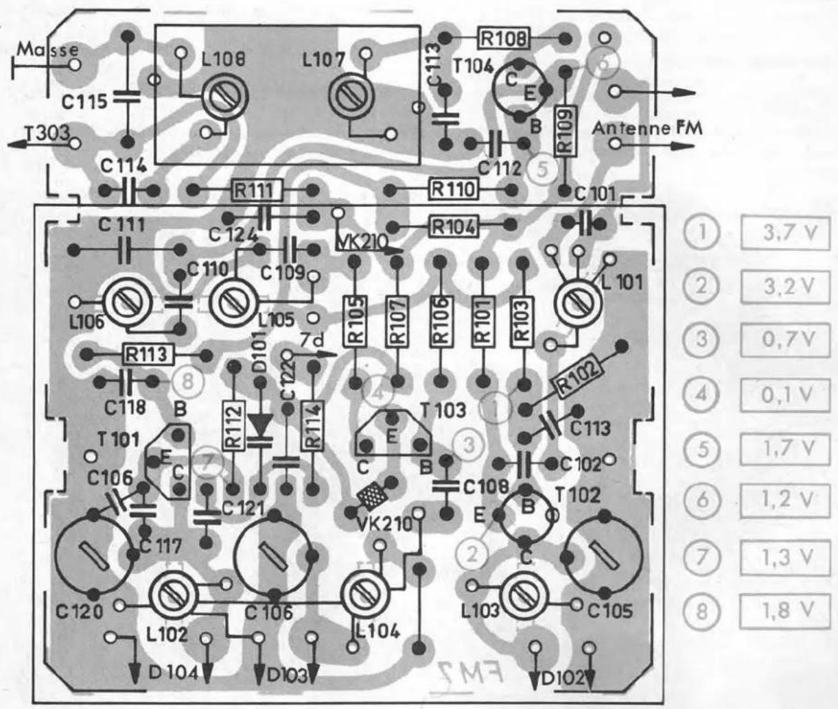 Masse C115 T303 C114 L108 L107 C113 R108 T104 C E B R109 Antenne FM C112 C101 R110 C111 C124 C110 C109 L106 R105 R107 R106 R101 R103 L101 R113 C118 B T101 C106 E C C121 D101 7d C122 R114 R104 VK210 T103 E C B C108 E B T102 C113 C102 C120 C106 L102 L104 D104 D103 VK210 VK210 D102 ① 3,7 V ② 3,2 V ③ 0,7 V ④ 0,1 V ⑤ 1,7 V ⑥ 1,2 V ⑦ 1,3 V ⑧ 1,8 V