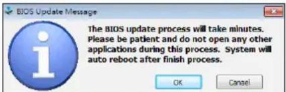 BIOS Update Message The BIOS update process will take minutes. Please be patient and do not open any other applications during this process. System will auto reboot after finish process. OK Cancel