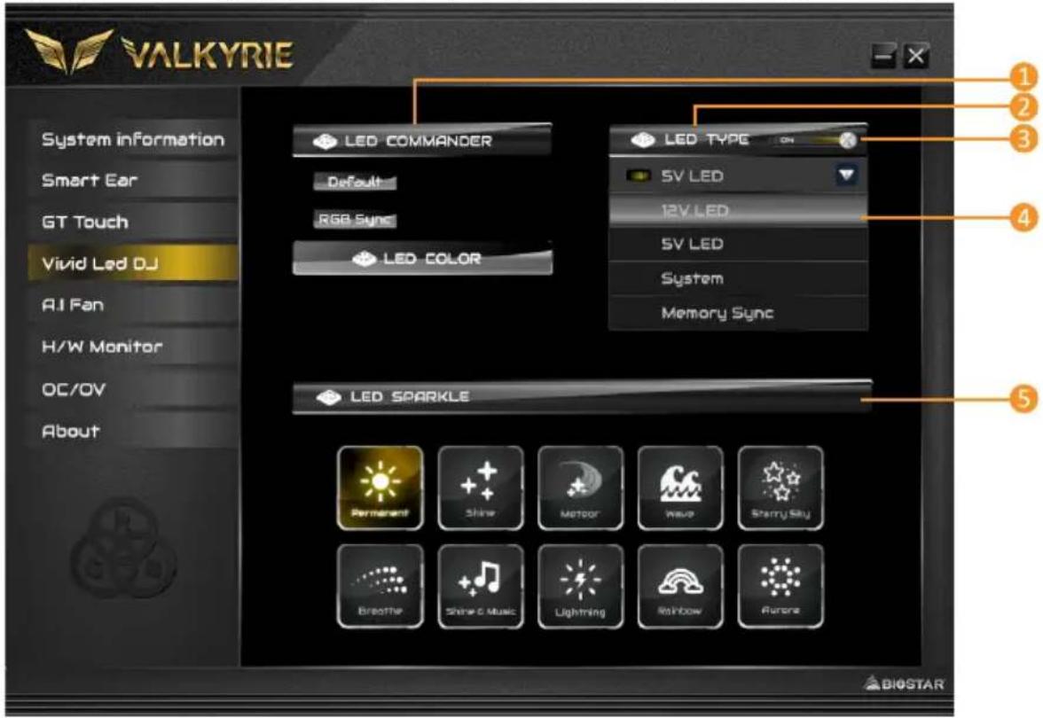VALKYRIE System information Smart Ear GT Touch Vivid Led DJ AI Fan H/W Monitor OC/OV About LED COMMANDER Default RGB Sync LED COLOR LED SPARKLE 1 2 3 4 5 LED TYPE 5V LED 12V LED 5V LED System Memory Sync Permanent Shiny Meteor Wave Starry Say Breathe Shine & Music Lightning Rainbow Aurora BIOPSTAR
