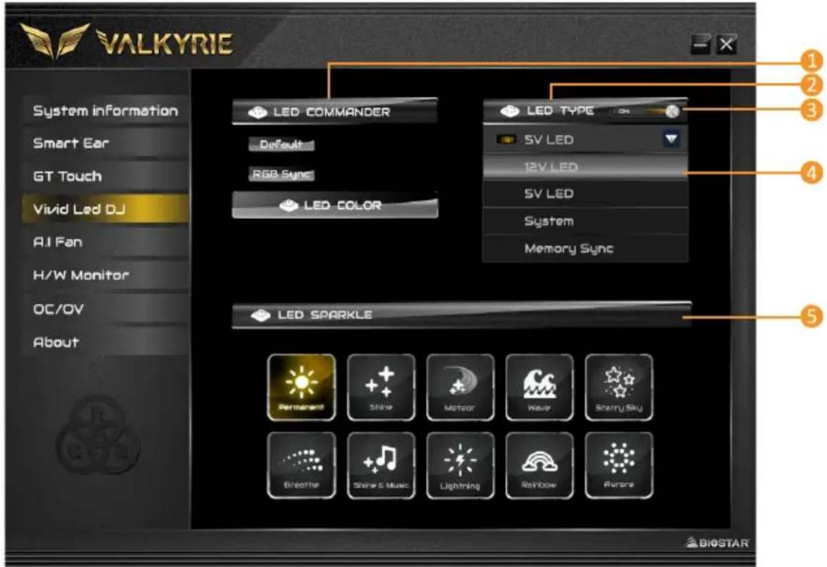 VALKYRIE System information Smart Ear GT Touch Vivid Led DJ AI Fan H/W Monitor OC/OV About LED COMMANDER Default RGB Sync LED COLOR LED TYPE ON 5V LED 12V LED 5V LED System Memory Sync LED SPARKLE Permanent Shiny Motor Wave Starry Sky Breathe Shiny & Music Lightning Rainbow Aurora 1 2 3 4 5 BIOSTAR