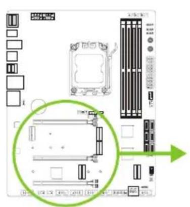 Diagram of a computer motherboard with labeled components and a green arrow indicating a specific area of interest.