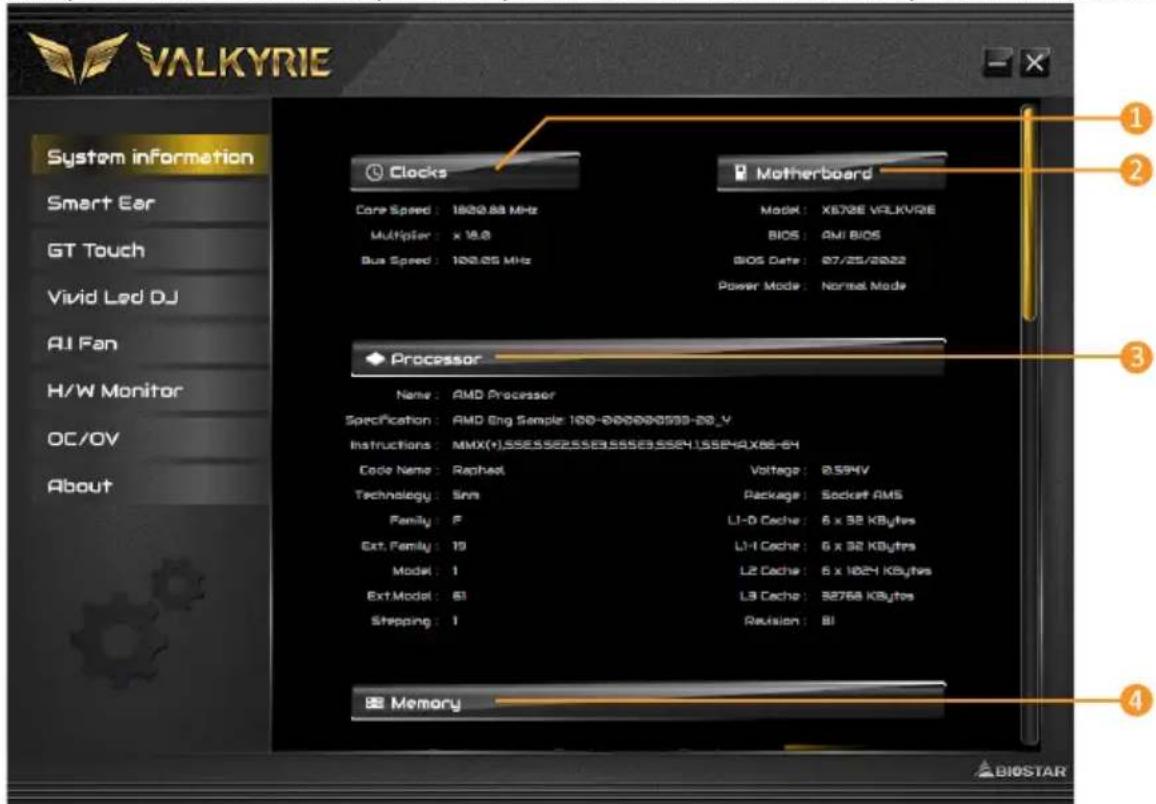 VALKYRIE System information Smart Ear GT Touch Vivid Led DJ AI Fan H/W Monitor OC/OV About Clocks Core Speed: 1800.63 MHz Multiplier: x 16.8 Bus Speed: 100.05 MHz Motherboard Model: XB72E VCLKV2E BIOS: AMI BIOS BIOS Date: 07/25/2022 Power Mode: Normal Mode Processor Name: AMD Processor Specification: AMD Eng Sample 100-000000599-20_Y Instructions: MMX(+).SSE.SSE2.SSE3.SSSE3.SSE4.LSSE4X86-64 Code Name: Raphael Voltage: 0.594V Technology: Sms Package: Socket AMS Family: F L1-D Cache: 6 x 38 KBytes Ext. Family: 19 L1-I Cache: 6 x 32 KBytes Model: 1 L2 Cache: 6 x 1824 KBytes Ext.Model: 61 L3 Cache: 82768 KBytes Stepping: 1 Revision: BI Memory 1 2 3 4 BIOSTAR
