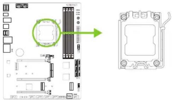 Diagram showing computer motherboard layout with highlighted CPU socket and exploded view of internal components