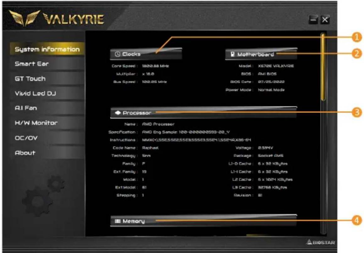 VALKYRIE System information Smart Ear GT Touch Vivid Led DJ AI Fan H/W Monitor OC/OV About Clocks Core Speed: 1800.88 MHz Multiplier: x 18.0 Bus Speed: 100.05 MHz Model: X672E VALKYRIE BIOS: AMI BIOS BIOS Date: 07/25/2022 Power Mode: Normal Mode Motherboard Processor Name: AMD Processor Specification: AMD Eng Sample: 100-000000599-00_Y Instructions: MMX(+).SSE5SSE2SSE3SSE3SSE4.SSE4X86-64 Code Name: Raphael Voltage: 0.594V Technology: Sns Package: Socket AMS Family: F L1-D Cache: 6 x 32 KBytes Ext. Family: 19 L1-H Cache: 6 x 32 KBytes Model: 1 L2 Cache: 6 x 1024 KBytes Ext.Model: 61 L3 Cache: 32768 KBytes Stepping: 1 Revision: BI Memory ① ② ③ ④ BIOSTAR