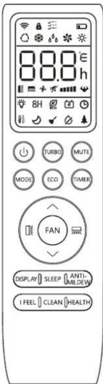 8:00 8:00 h 8H TURBO MUTE MODE ECO TIMER FAN DISPLAY SLEEP ANTI- MILDEW I FEEL CLEAN HEALTH