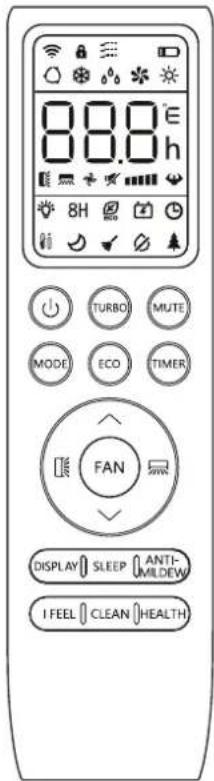 88.0 h 8H TURBO MUTE MODE ECO TIMER FAN DISPLAY SLEEP ANTI- MILDEW I FEEL CLEAN HEALTH