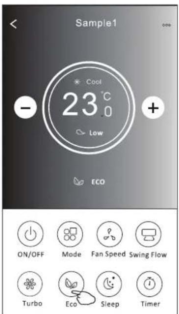 Sample1 Cool 23.0°C Low + ECO ON/OFF Mode Fan Speed Swing Flow Turbo Eco Sleep Timer
