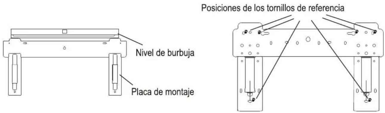 Nivel de burbuja Placa de montaje Posiciones de los tornillos de referencia