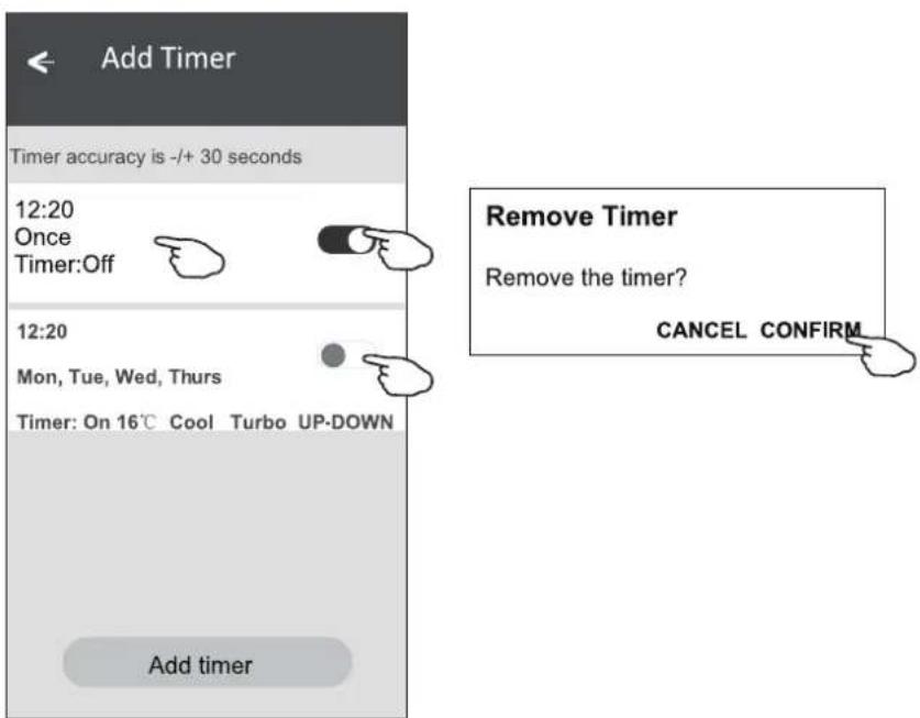 Add Timer Timer accuracy is -/+ 30 seconds 12:20 Once Timer:Off 12:20 Mon, Tue, Wed, Thurs Timer: On 16°C Cool Turbo UP-DOWN Add timer Remove Timer Remove the timer? CANCEL CONFIRM