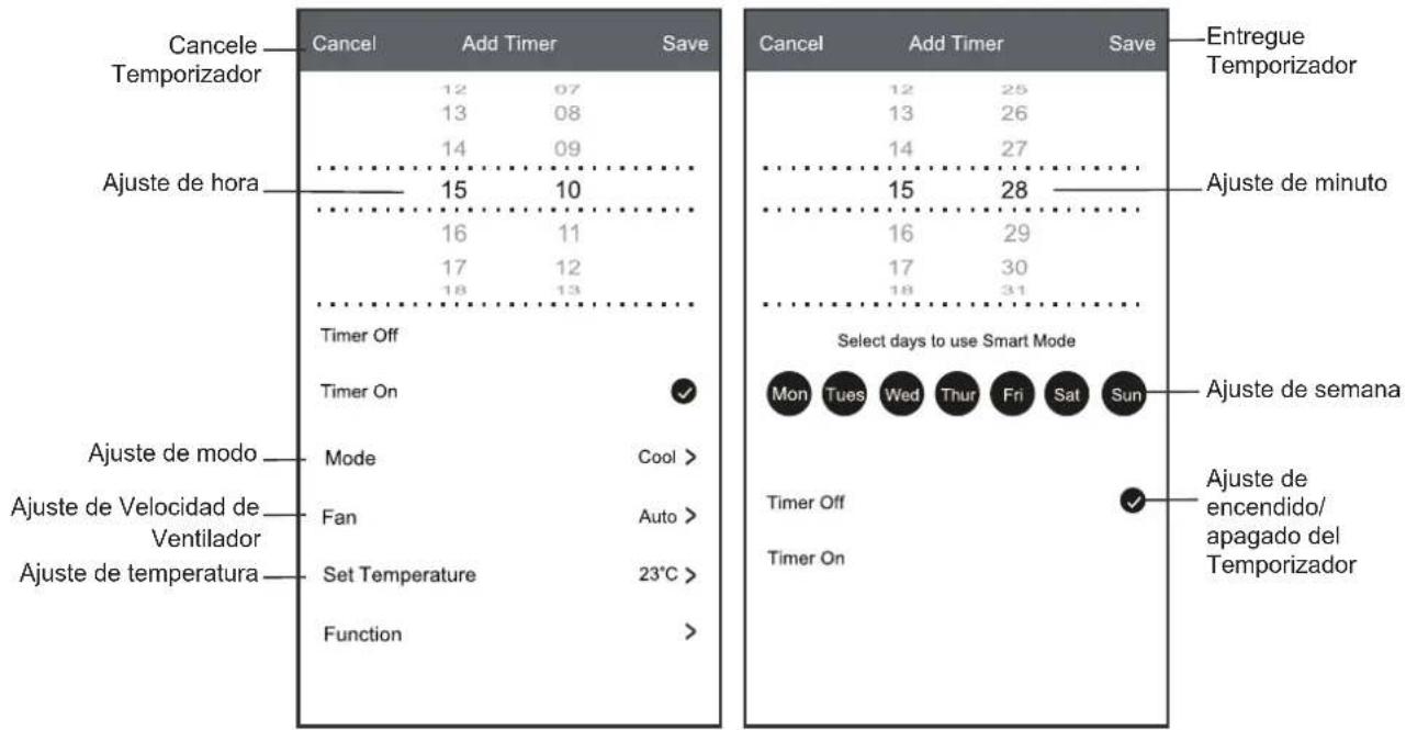 Cancel Temporizador Ajuste de hora Timer Off Timer On Ajuste de modo Mode Cool > Ajuste de Velocidad de Ventilador Fan Auto > Ajuste de temperatura Set Temperature 23°C > Function Cancel Add Timer Save 12 07 13 08 14 09 15 10 16 11 17 12 18 13 12 25 13 26 14 27 15 28 16 29 17 30 18 31 Select days to use Smart Mode Mon Tues Wed Thur Fri Sat Sun Timer Off Timer On Entregue Temporizador Ajuste de minuto Ajuste de semana Ajuste de encendido/ apagado del Temporizador