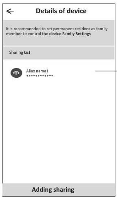 Details of device It is recommended to set permanent resident as family member to control the device Family Settings Sharing List Alias name1 skin******** Adding sharing