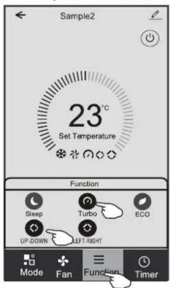 Sample2 23°C Set Temperature Function Sleep Turbo ECO UP-DOWN LEFT-RIGHT Mode Fan Function Timer