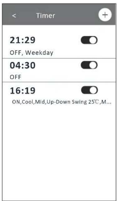 Timer 21:29 OFF, Weekday 04:30 OFF 16:19 ON,Cool,Mid,Up-Down Swing 25°C,M...
