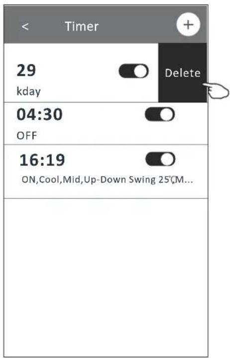 < Timer 29 Delete kday 04:30 OFF 16:19 ON,Cool,Mid,Up-Down Swing 25°C...