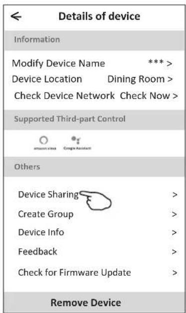 Details of device Information Modify Device Name *** Device Location Dining Room > Check Device Network Check Now > Supported Third-part Control Others Device Sharing > Create Group > Device Info > Feedback > Check for Firmware Update > Remove Device