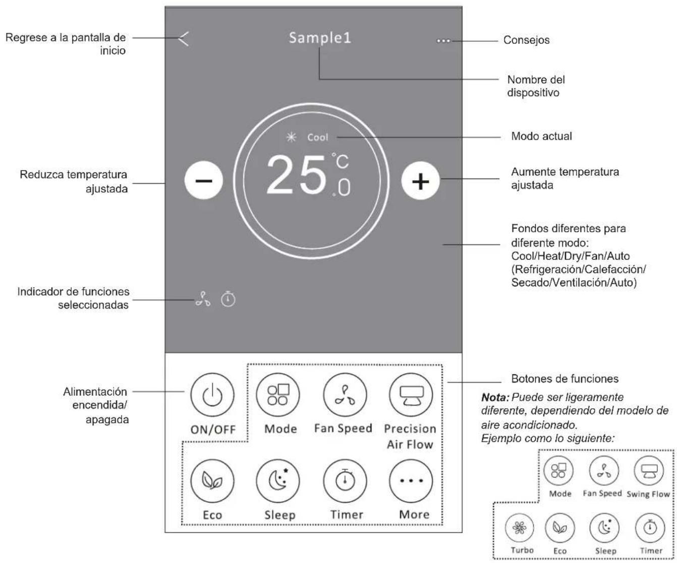 Regrese a la pantalla de inicio Sample1 Consejos Nombre del dispositivo Modo actual Aumente temperatura ajustada Reduzca temperatura ajustada Fondos diferentes para diferente modo: Cool/Heat/Dry/Fan/Auto (Refrigeración/Calefacción/ Secado/Ventilación/Auto) Indicador de funciones seleccionadas Botones de funciones Alimentación encendida/ apagada ON/OFF Mode Fan Speed Precision Air Flow Eco Sleep Timer More Note: Puede ser ligeramente diferente, dependiendo del modelo de aire acondicionado. Ejemplo como lo siguiente: Mode Fan Speed Swing Flow Turbo Eco Sleep Timer