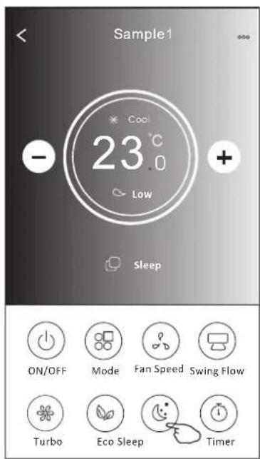 Sample1 - 23.0 °C Low + Sleep ON/OFF Mode Fan Speed Swing Flow Turbo Eco Sleep Timer