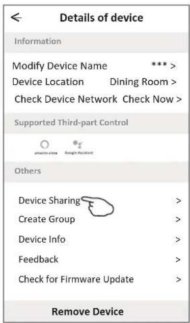 Details of device Information Modify Device Name *** Device Location Dining Room > Check Device Network Check Now > Supported Third-part Control Others Device Sharing > Create Group > Device Info > Feedback > Check for Firmware Update > Remove Device