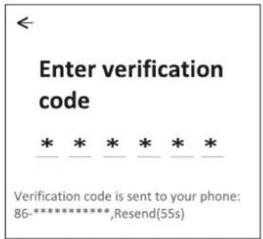 Enter verification code * * * * * * Verification code is sent to your phone: 86-*********,Resend(55s)