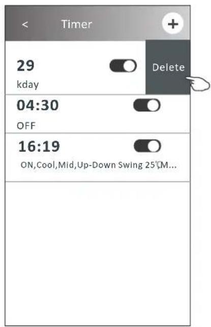 < Timer 29 kday Delete 04:30 OFF 16:19 ON,Cool,Mid,Up-Down Swing 25°C...