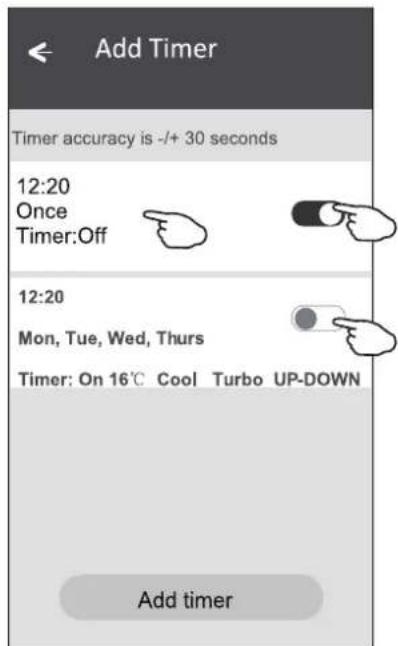 Add Timer Timer accuracy is -/+ 30 seconds 12:20 Once Timer:Off 12:20 Mon, Tue, Wed, Thurs Timer: On 16°C Cool Turbo UP-DOWN Add timer