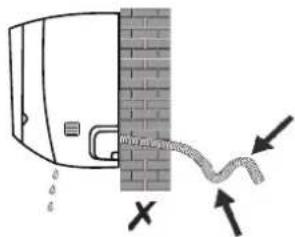 Diagram showing a pipe or pipe flow near a brick wall with directional arrows and symbols indicating flow direction.