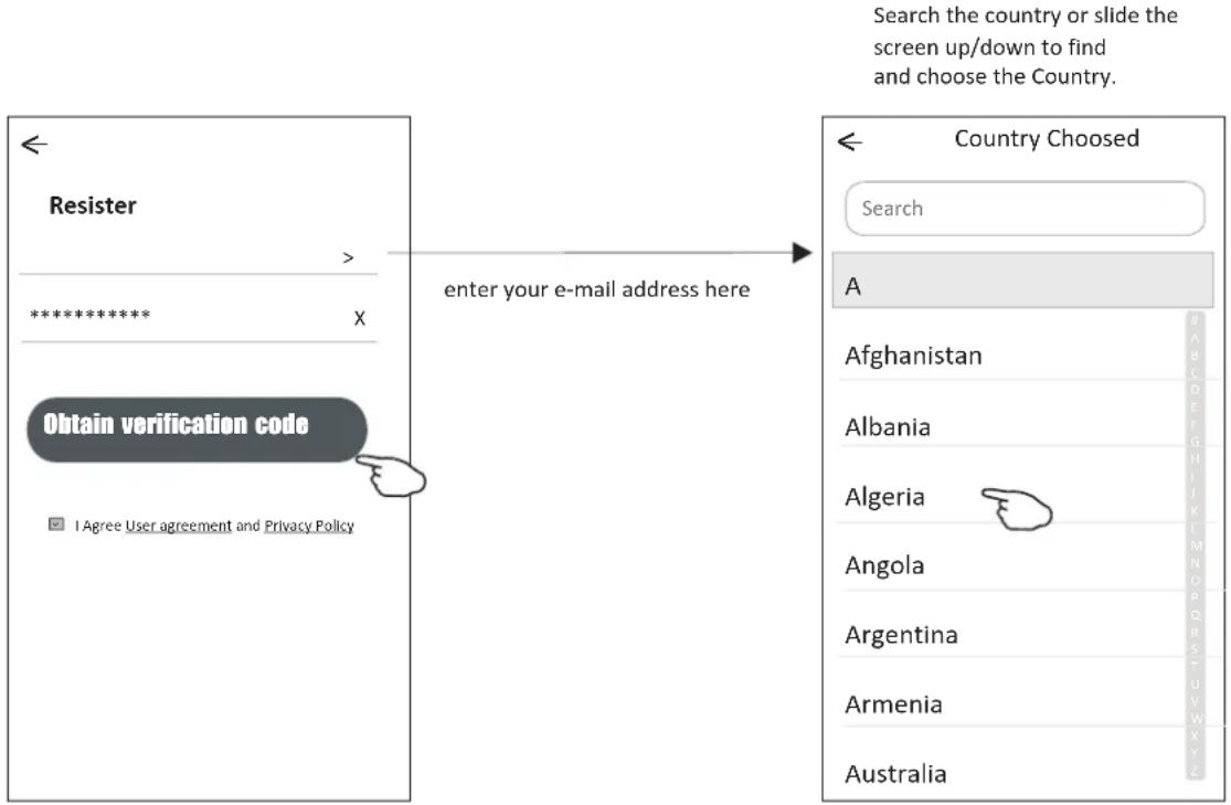Resister ****** X Obtain verification code ✓ I Agree User agreement and Privacy Policy enter your e-mail address here Search the country or slide the screen up/down to find and choose the Country. Country Choosed Search A Afghanistan Albania Algeria Angola Argentina Armenia Australia