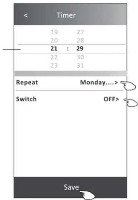 < Timer 19 27 20 28 21 : 29 22 30 23 31 Repeat Monday.... Switch OFF> Save