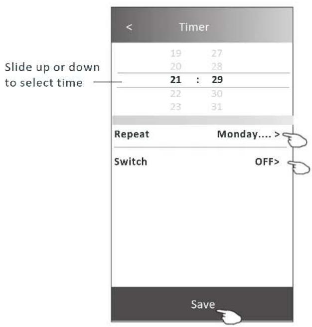 Timer 19 27 20 28 21 : 29 22 30 23 31 Repeat Monday.... Switch OFF> Save