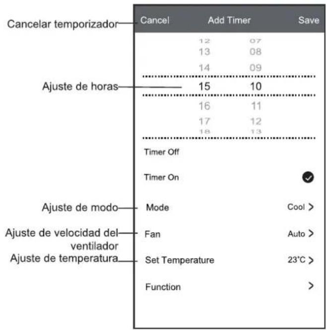 Cancelar temporizador 12 07 13 08 14 09 Ajuste de horas 15 10 16 11 17 12 18 13 Timer Off Timer On ✓ Ajuste de modo Mode Cool > Ajuste de velocidad del ventilador Fan Auto > Ajuste de temperatura Set Temperature 23℃ > Function >