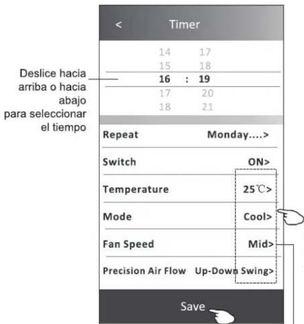 Timer 14 17 15 18 16 : 19 17 20 18 21 Repeat Monday.... Switch ON> Temperature 25°C> Mode Cool> Fan Speed Mid> Precision Air Flow Up-Down Swing> Save