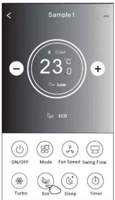 Sample1 * Cool 23°C Low + ECO ON/OFF Mode Fan Speed Swing Flow Turbo Eco Sleep Timer