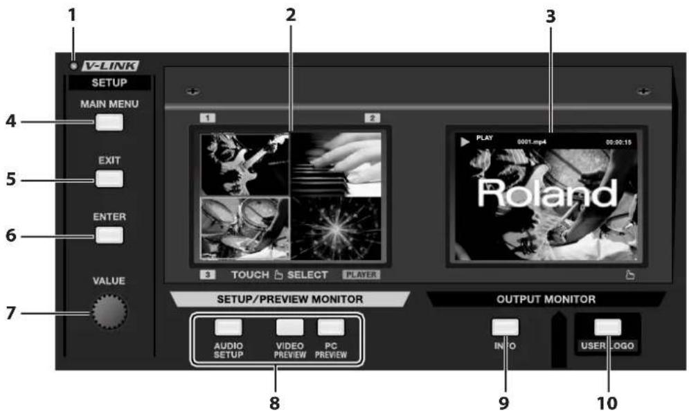 V-LINK SETUP MAIN MENU EXIT ENTER VALUE 1 2 3 PLAY 0001.mp4 00:00:15 Roland 3 TOUCH SELECT PLAYER SETUP/PREVIEW MONITOR OUTPUT MONITOR AUDIO SETUP VIDEO PREVIEW PC PREVIEW 8 9 10 INFO USER LOGO