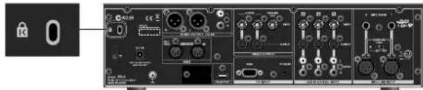 Front panel of a computer interface with labeled buttons and ports, including a lock icon and status indicators.