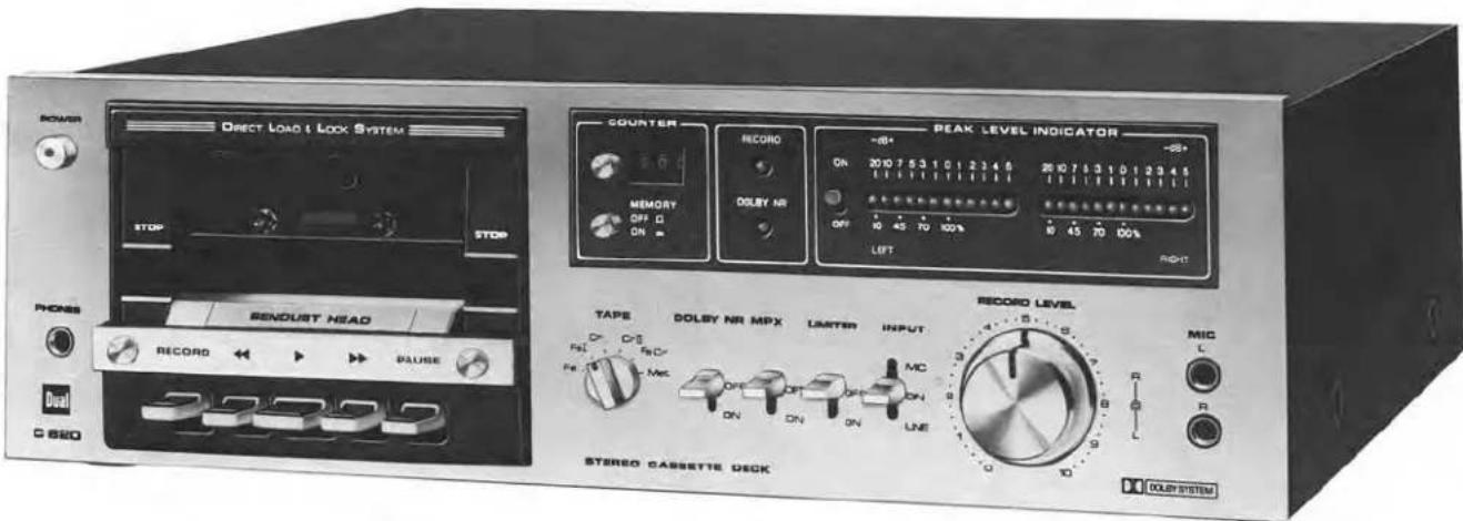 DCR/R POWER DIRECT LOAD & LOCK SYSTEM STOP STOP PHONE SENDUST HEAD RECORD PAUSE Dual C 860 S COUNTER MEMORY OFF Q ON - RECORD DOLBY NR -4B* ON 2010 7 5 3 1 0 1 2 3 4 6 20 10 7 5 3 1 0 1 2 3 4 6 OFF: 10 45 70 100% LEFT PEAK LEVEL INDICATOR -58* BEERLETTEN RIGHT TAPE DOLBY NR MPX LANTIN INPUT MC STEREO CASSETTE DECK RECORD LEVEL MIC L R O DOLY SYSTEM