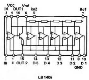 VCC Vref Ro2 Ro1 IN 4 16 6 5 7 3 1 15 14 13 12 11 8 10 IN C OUT 2 D5 D4 D3 D2 D1 LB 1405 GND