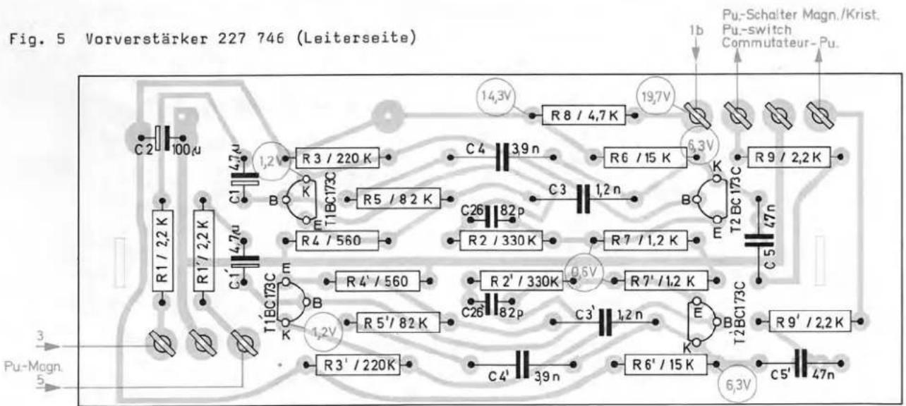Fig. 5 Vorverstärker 227 746 (Leiterseite) 1b Pu.-Schalter Magn./Krist. Pu.-switch Commutateur-Pu. R8 / 4,7 K 19,7 V 14,3 V R9 / 2,2 K 6,3 V C4 3,9 n R6 / 15 K C3 1,2 n R4 / 560 R2 / 330 K R7 / 1,2 K T2 BC 173 C 47 n C5 R4' / 560 R2' / 330 K R7' / 1,2 K R5' / 82 K C26 82 p C3' 1,2 n E B R9' / 2,2 K T2 BC 173 C R3' / 220 K R6' / 15 K 6,3 V C4' 3,9 n C4 47 n C1 4,7 u C1/2 R3 / 220 K R1/2,2 K R1'/2,2 K T1BC 173 C T1BC 173 C R4'/560 R4'/560 R5'/82 K R5'/82 K R3'/220 K Pü-Magn. 5