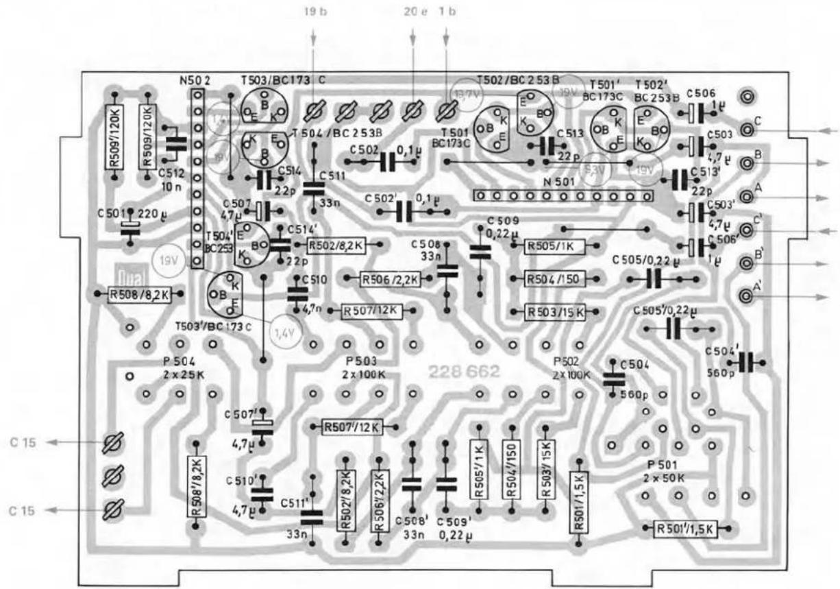 19 b 20 e 1 b N50 2 T503/BC173 C T502/BC 2 53 B T501' T502' BC 173C BC 253B C506 1μ R509/120K C512 10 n C501 220 μ C507 4.7 μ C514 2.2p C511 33n C502' 0,1 μ C508 33n C509 0,22 μ R505/1K R504/150 R503/15 K C505/0,22 μ C504' 560 p R508/8,2K T503'/BC 173 C P 504 2 x 25 K P 503 2 x 100 K 228 662 C507' 4,7 μ R507'/12 K R502'/8,2K R506'/2,2K C510' 4,7 μ C511' 33n R506'/2,2K C508' 33n C509' 0,22 μ R505'/1K R504'/150 R503'/15K R501'/1,5K R501'/1,5K P 501 2 x 50 K C 15 C 15