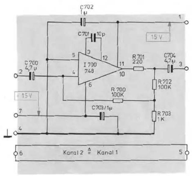 C702 1µ C701 10p 3 12 5 I 700 748 4 6 11 R 701 220 C704 4,7µ 3 + 15V R 702 100K R 703 1K C703/1µ 6 Kanal 2 Δ Kanal 1 5