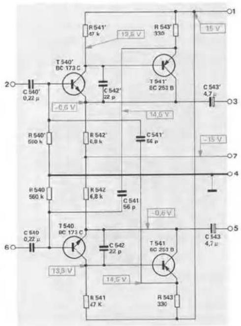 R 541' 47 k 13.5 V R 543' 330 15 V T 540' BC 173 C C 542' 22 p T 541' BC 251 B C 543' 4.7 μ -0.6 V 14.5 V R 540' 590 k R 542' 6.8 k C 541' 56 p -15 V R 540 560 k R 542 6.8 k C 541 56 p -0.6 V T 540 BC 173 C C 542 22 p T 541 BC 253 B C 543 4.7 μ 13.5 V 18.5 V R 541 47 K R 543 330 2 O 6 O O1 O3 O7 O4 O5